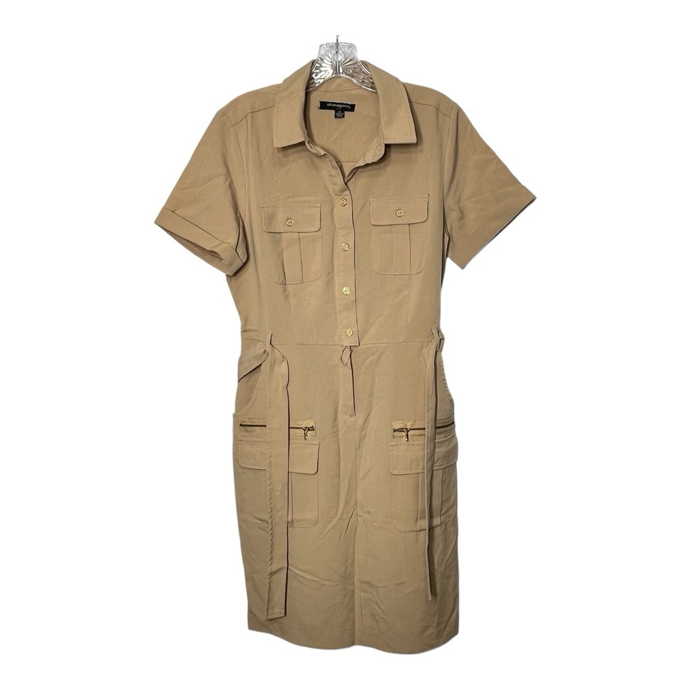 Sharagano Womens Size 10 Tan Collared Belted‎ Shirt Dress Cargo Pockets